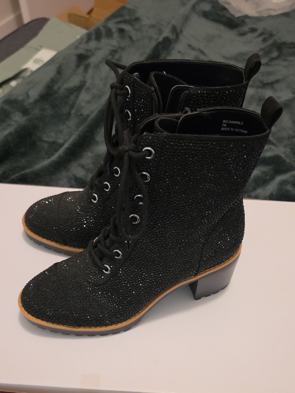 INC International Concepts Black Glitter Lace-Up Ankle Boots